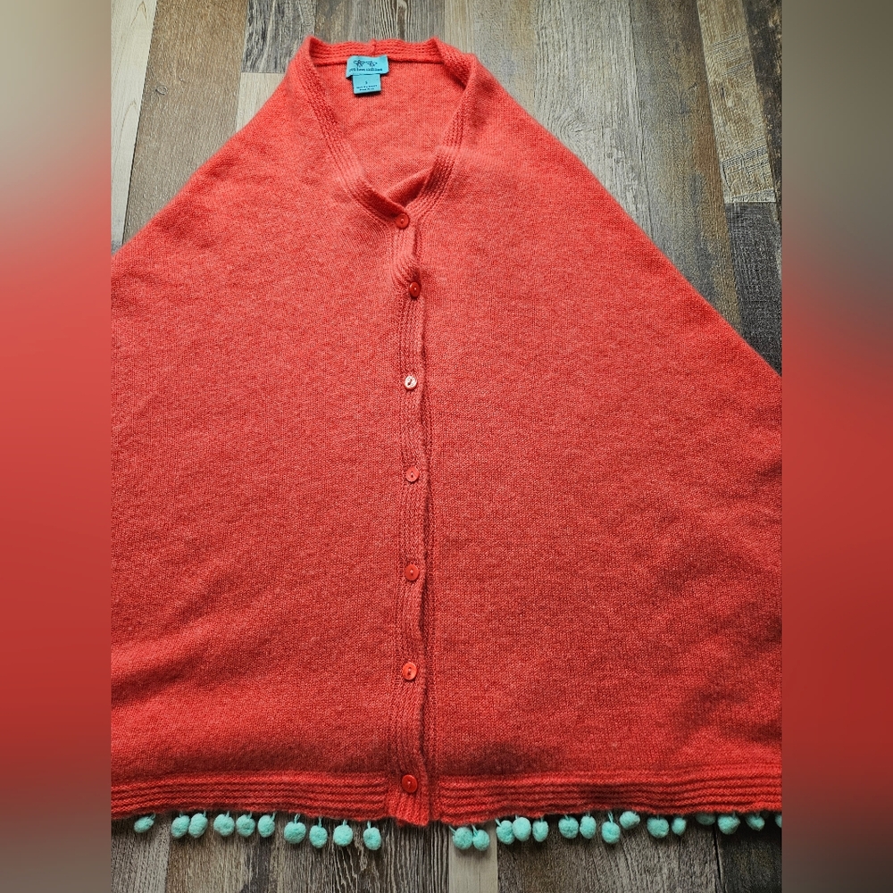 Two Bees Cashmere Women's Button front Poncho Shawl Small Coral Pink Teal Poms